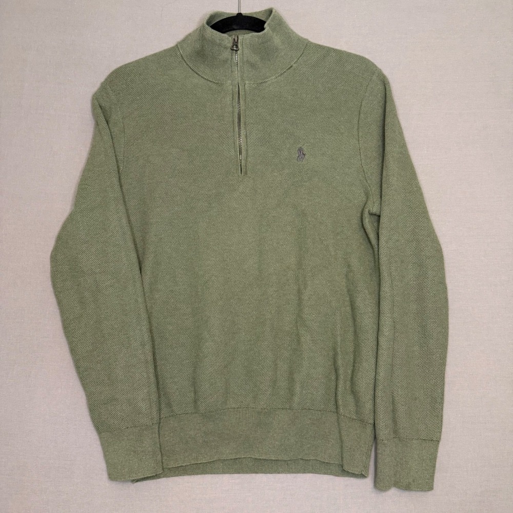 Polo Ralph Lauren Mens Sage Green Quarter Zip Pullover Sweater M Grey Pony